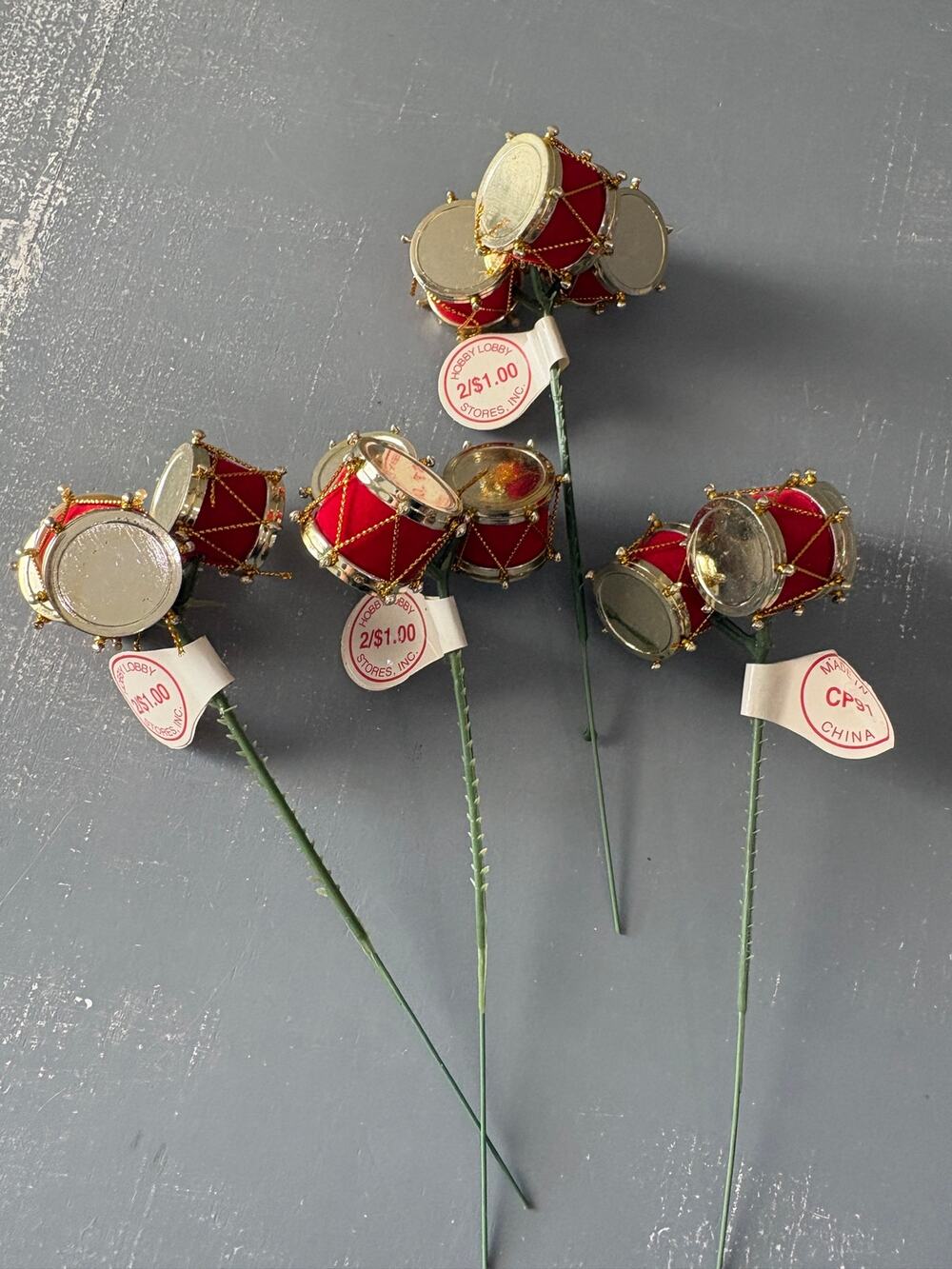 Vintage Hobby Lobby Mini Drum Floral Picks Red Gold Christmas Lot of 4 holiday